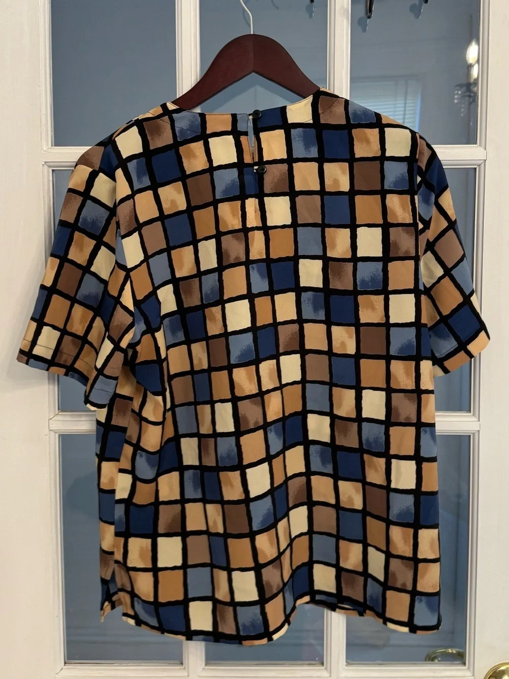 KATHY CHE Women’s 80s 90s Vintage Multicolor Checkered Short Sleeve Top Size S
